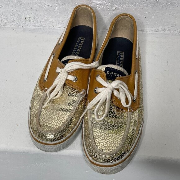 SPERRY TOP SIDER Fisherman 7.5 Round Toe Lace-up Sparkle Gold Sequin Boat Shoes - Picture 3 of 7